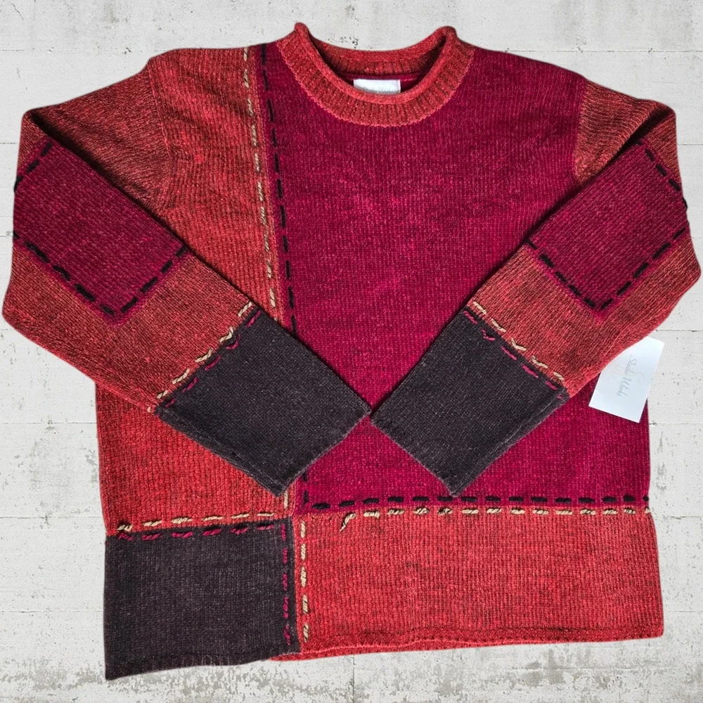 90s Vintage Red Patchwork Chenille Soft Deadstock Crewneck Sweater Size XL